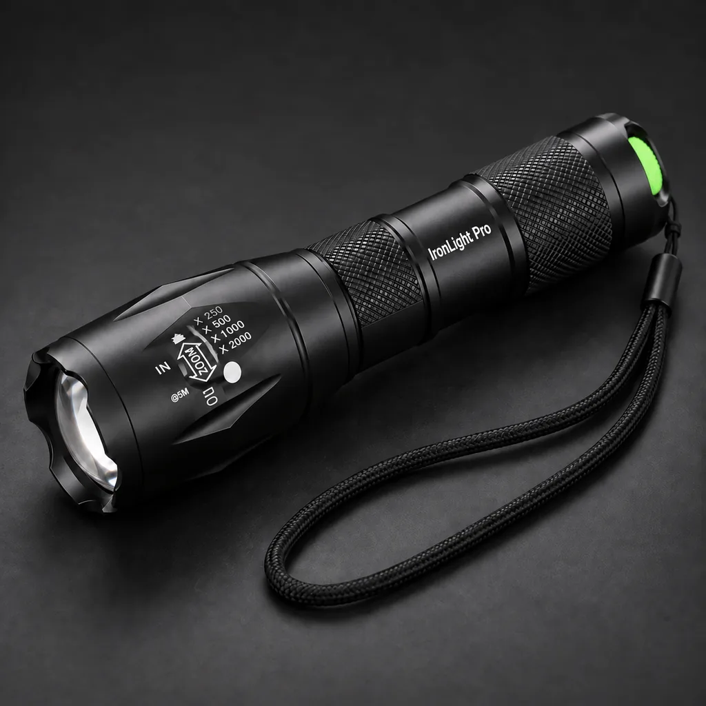 IronLight Pro LED flashlight with its wrist strap on a dark surface