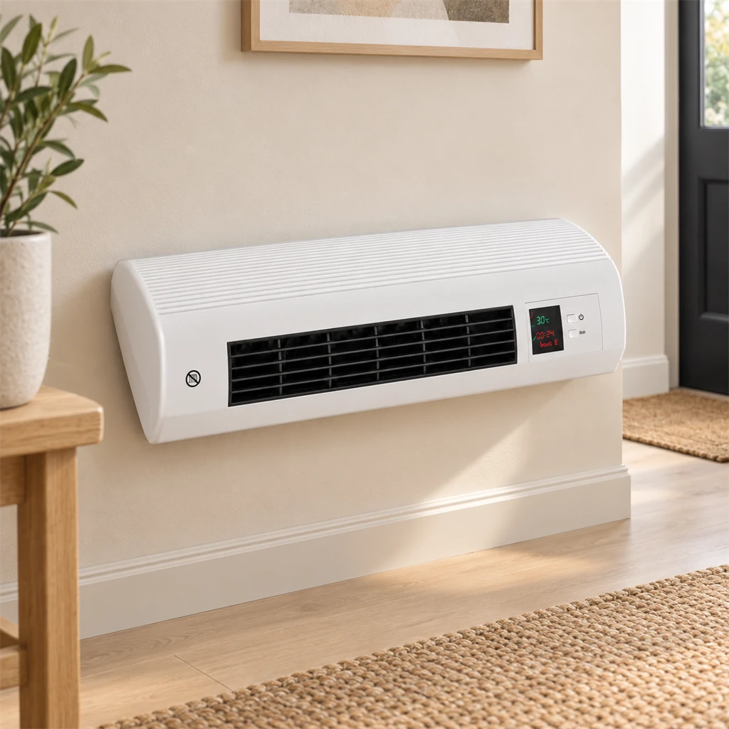 Termoventilatore da parete bianco su una parete beige in corridoio