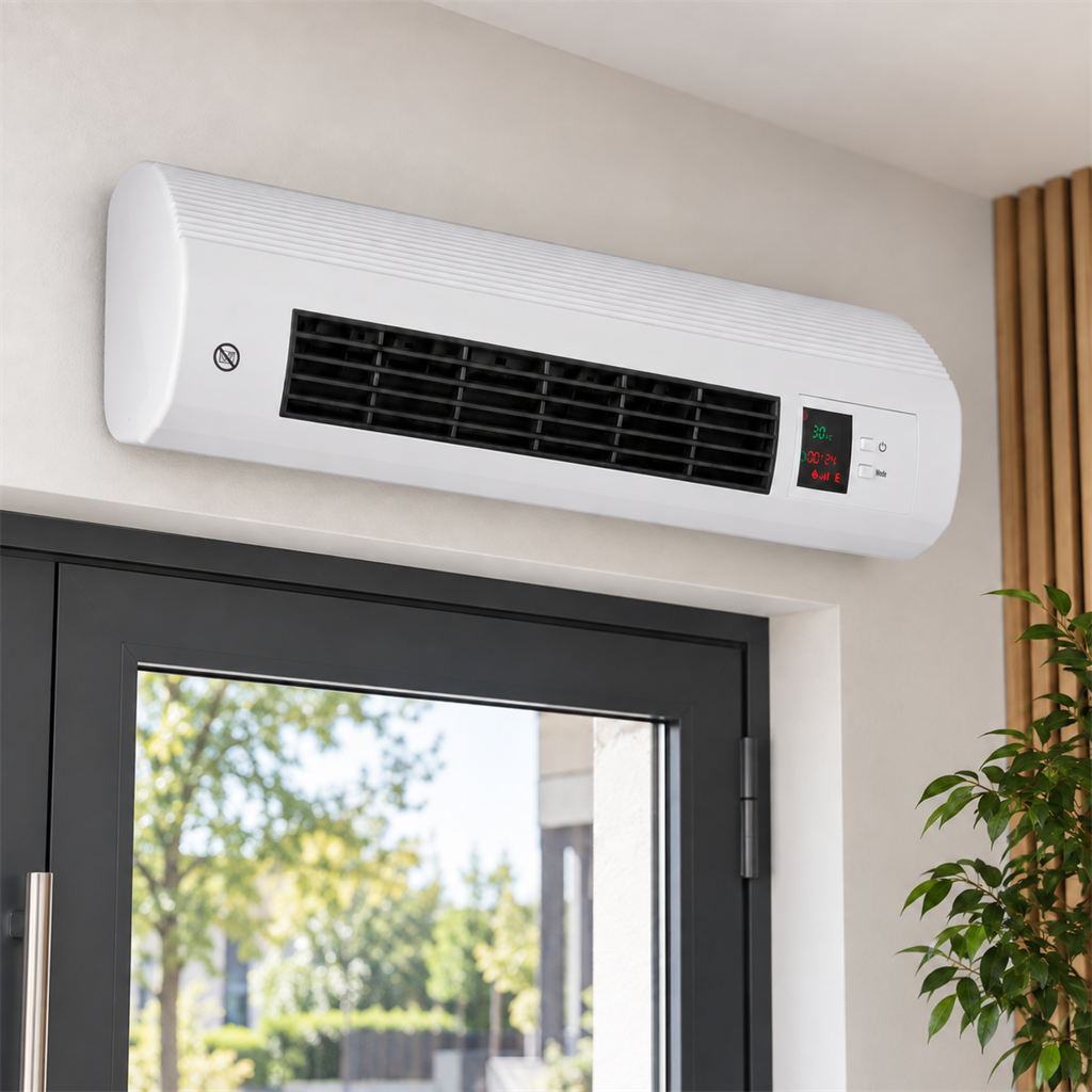 White wall-mounted fan heater above a glass door