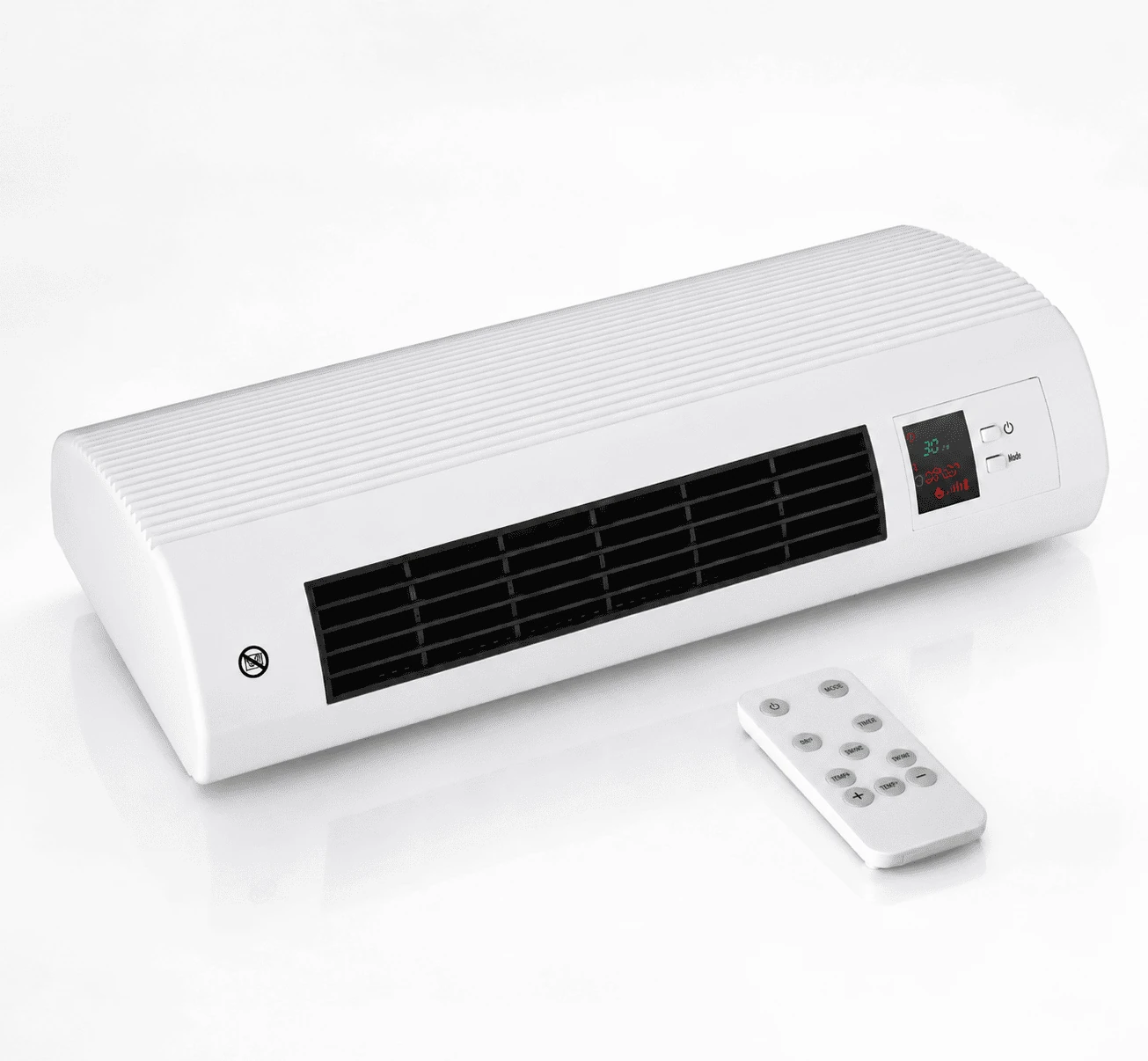 White wall-mounted fan heater with its remote control